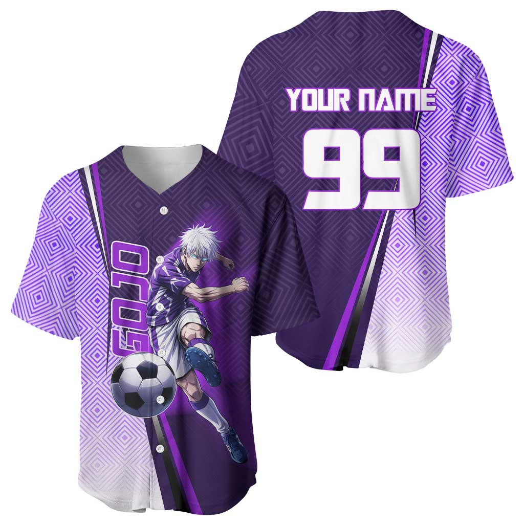 Personalized Gojo Satoru Jujutsu Kaisen Soccer Theme Baseball Jersey with Kicking Pose and Purple Gradient Geometric Graphic Design - The Mazicc