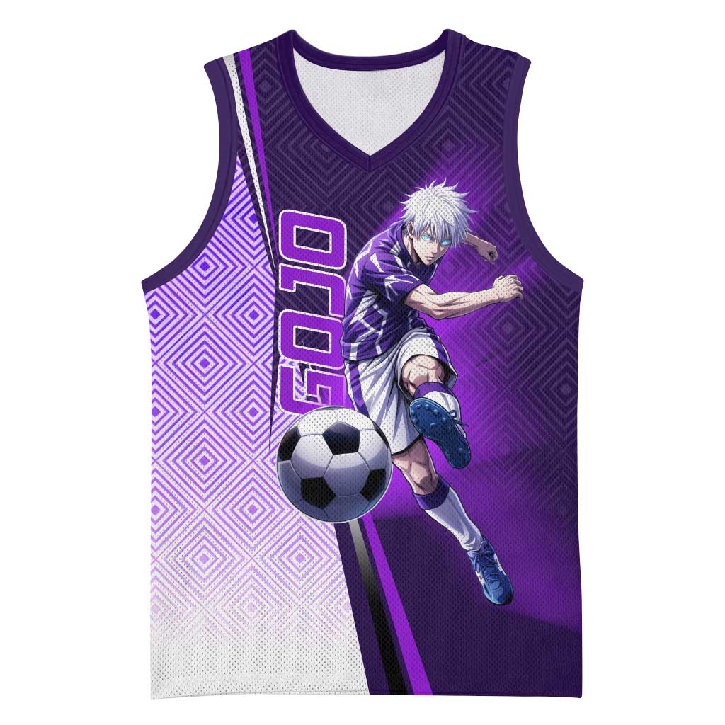 Personalized Gojo Satoru Jujutsu Kaisen Soccer Theme Basketball Jersey with Kicking Pose and Purple Gradient Geometric Graphic Design - The Mazicc