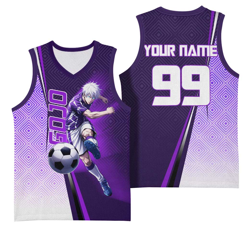 Personalized Gojo Satoru Jujutsu Kaisen Soccer Theme Basketball Jersey with Kicking Pose and Purple Gradient Geometric Graphic Design - The Mazicc