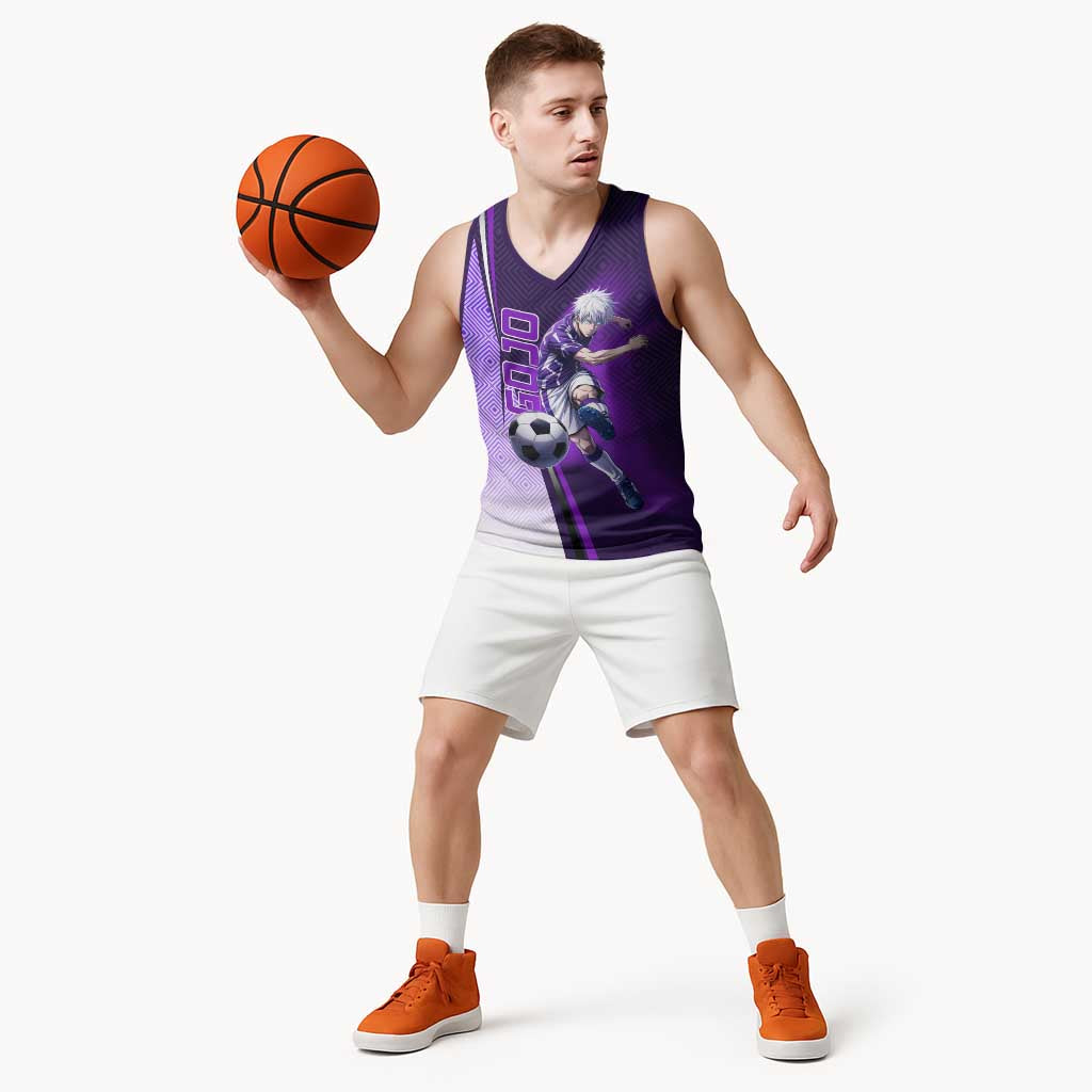 Personalized Gojo Satoru Jujutsu Kaisen Soccer Theme Basketball Jersey with Kicking Pose and Purple Gradient Geometric Graphic Design - The Mazicc