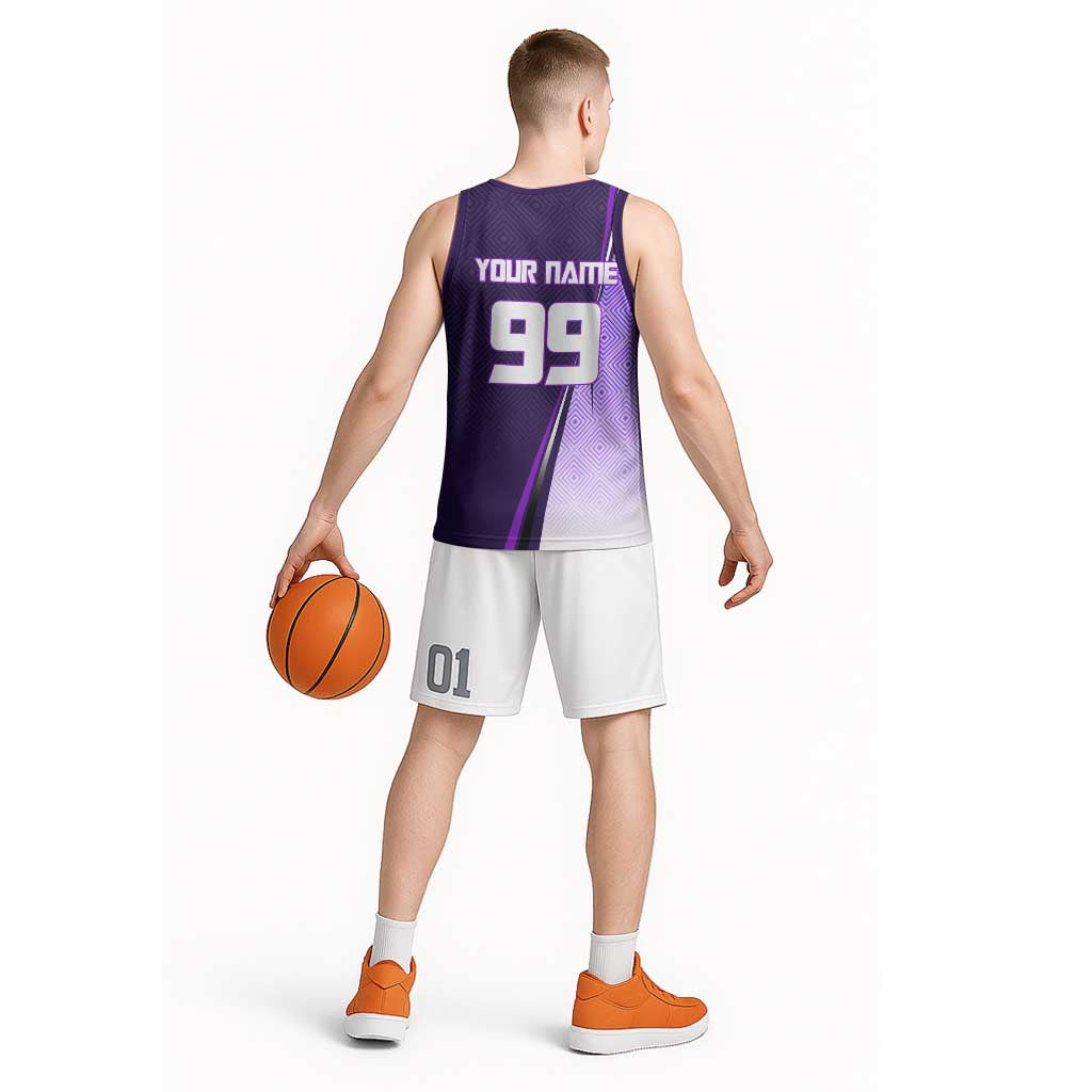 Personalized Gojo Satoru Jujutsu Kaisen Soccer Theme Basketball Jersey with Kicking Pose and Purple Gradient Geometric Graphic Design - The Mazicc