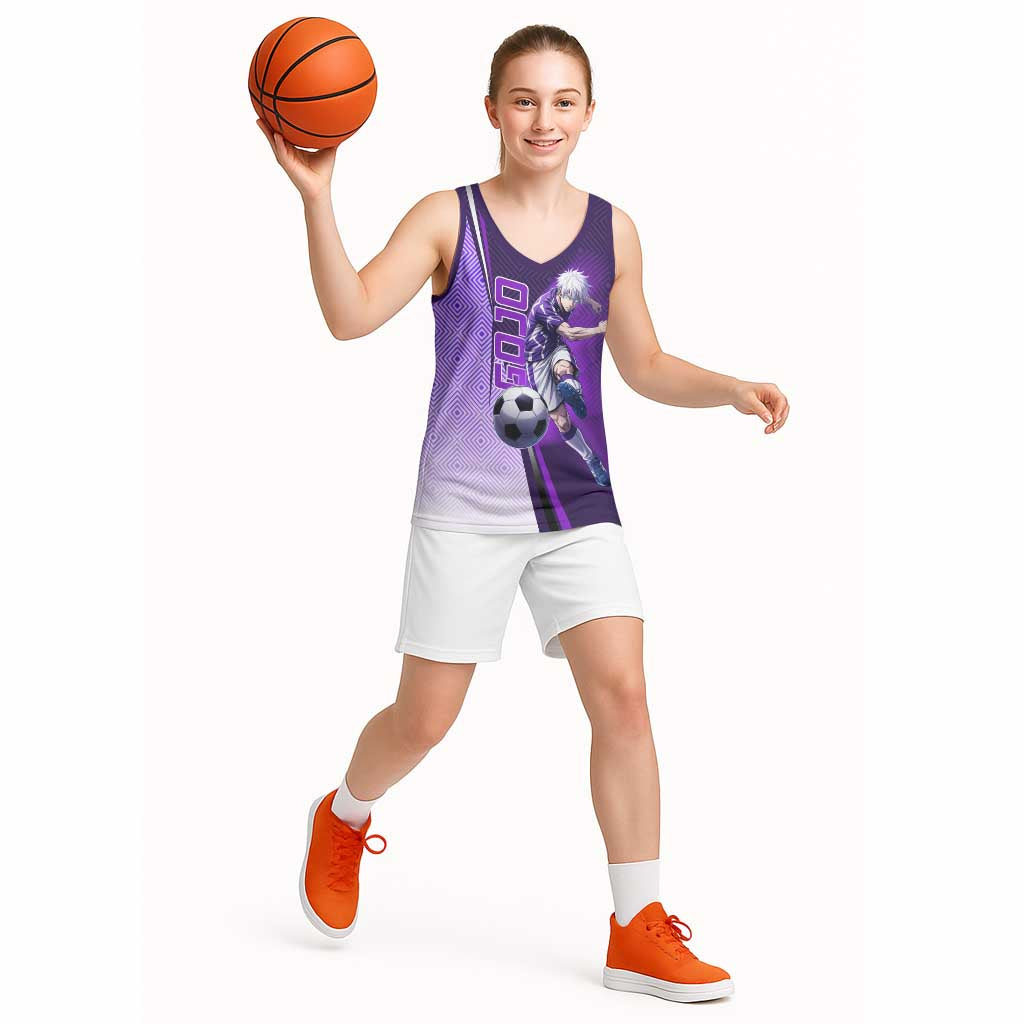 Personalized Gojo Satoru Jujutsu Kaisen Soccer Theme Basketball Jersey with Kicking Pose and Purple Gradient Geometric Graphic Design - The Mazicc