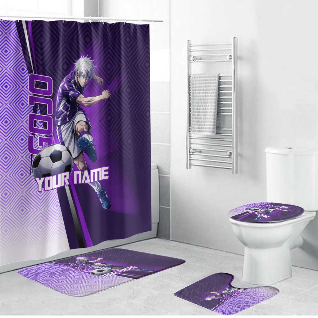 Personalized Gojo Satoru Jujutsu Kaisen Soccer Theme Bathroom Set with Kicking Pose and Purple Gradient Geometric Graphic Design - The Mazicc