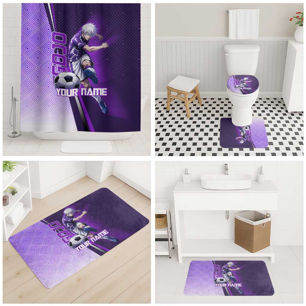 Personalized Gojo Satoru Jujutsu Kaisen Soccer Theme Bathroom Set with Kicking Pose and Purple Gradient Geometric Graphic Design - The Mazicc