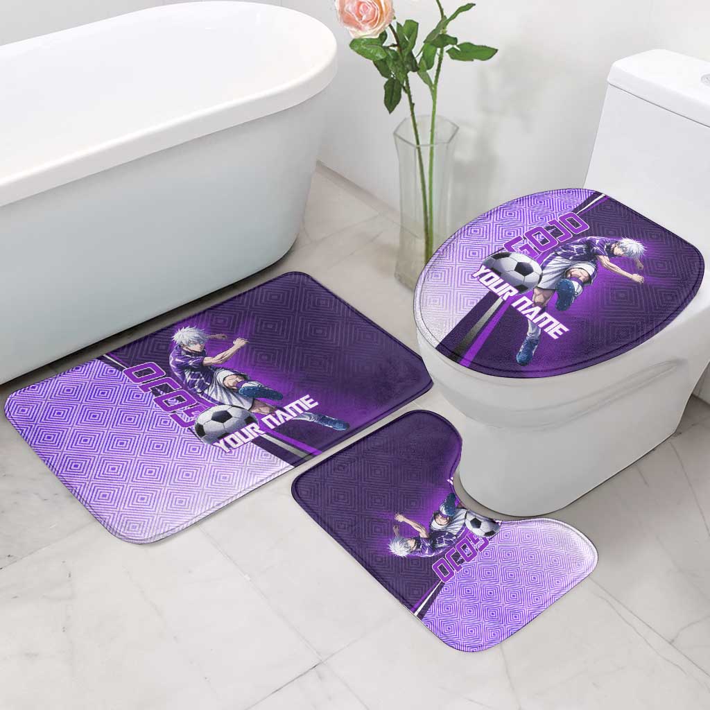 Personalized Gojo Satoru Jujutsu Kaisen Soccer Theme Bathroom Set with Kicking Pose and Purple Gradient Geometric Graphic Design - The Mazicc