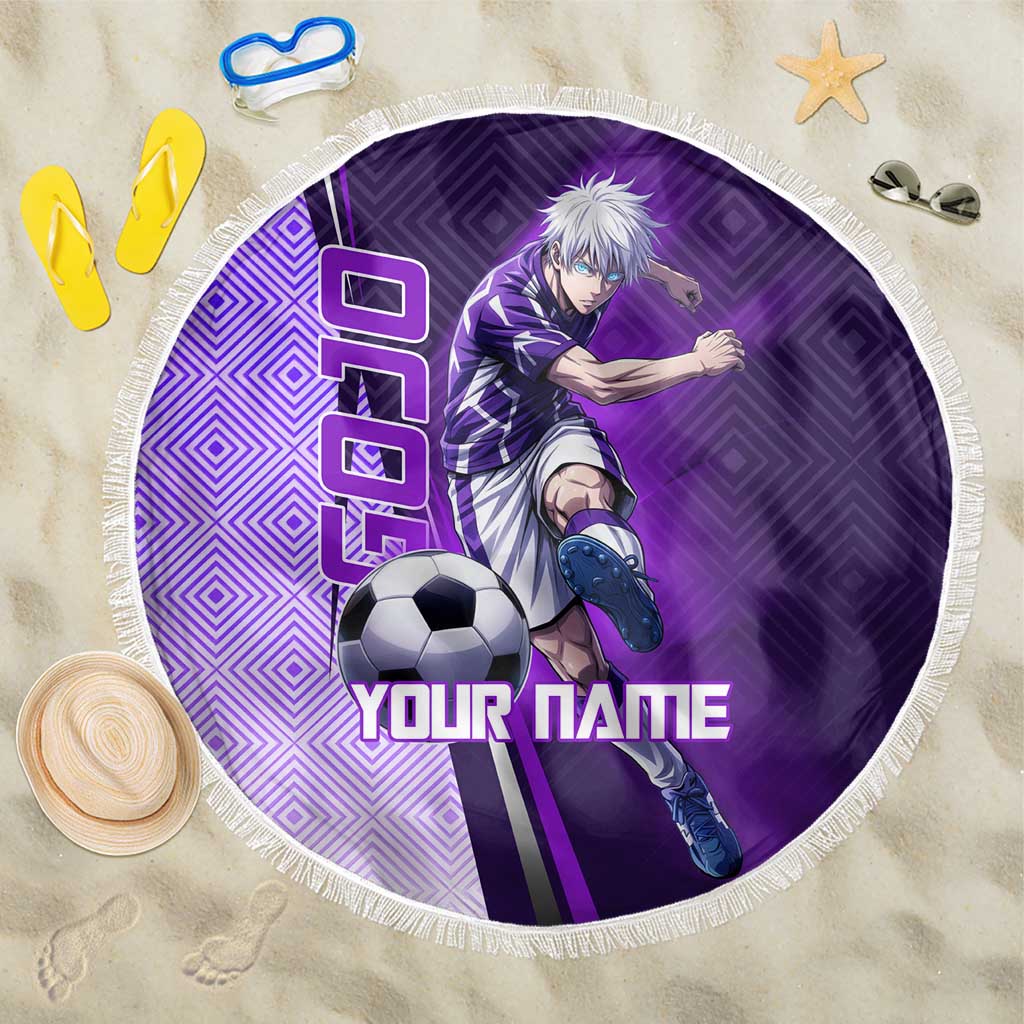 Personalized Gojo Satoru Jujutsu Kaisen Soccer Theme Beach Blanket with Kicking Pose and Purple Gradient Geometric Graphic Design - The Mazicc