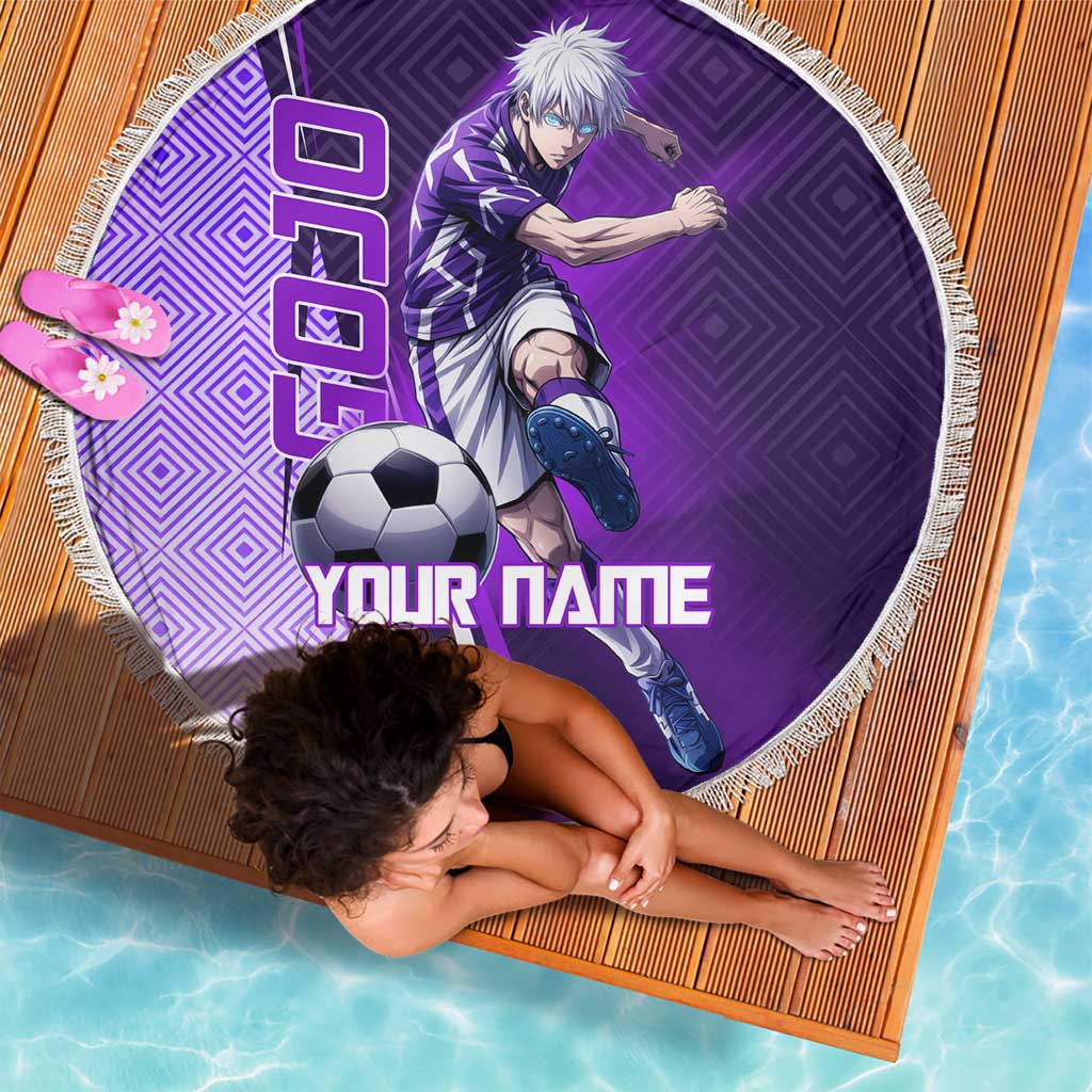 Personalized Gojo Satoru Jujutsu Kaisen Soccer Theme Beach Blanket with Kicking Pose and Purple Gradient Geometric Graphic Design - The Mazicc