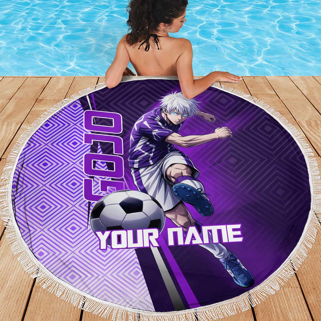 Personalized Gojo Satoru Jujutsu Kaisen Soccer Theme Beach Blanket with Kicking Pose and Purple Gradient Geometric Graphic Design - The Mazicc