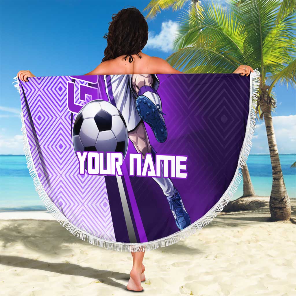 Personalized Gojo Satoru Jujutsu Kaisen Soccer Theme Beach Blanket with Kicking Pose and Purple Gradient Geometric Graphic Design - The Mazicc