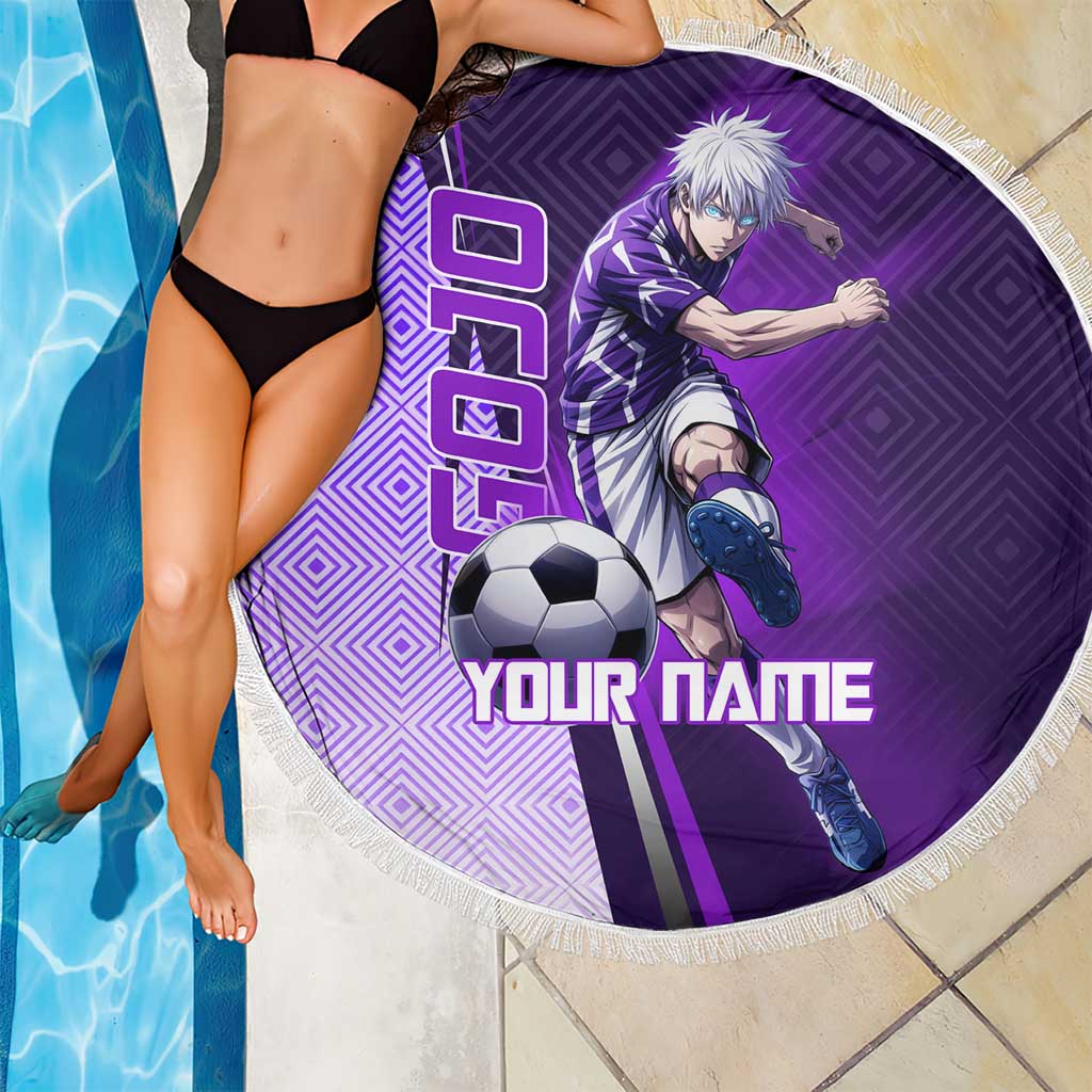Personalized Gojo Satoru Jujutsu Kaisen Soccer Theme Beach Blanket with Kicking Pose and Purple Gradient Geometric Graphic Design - The Mazicc