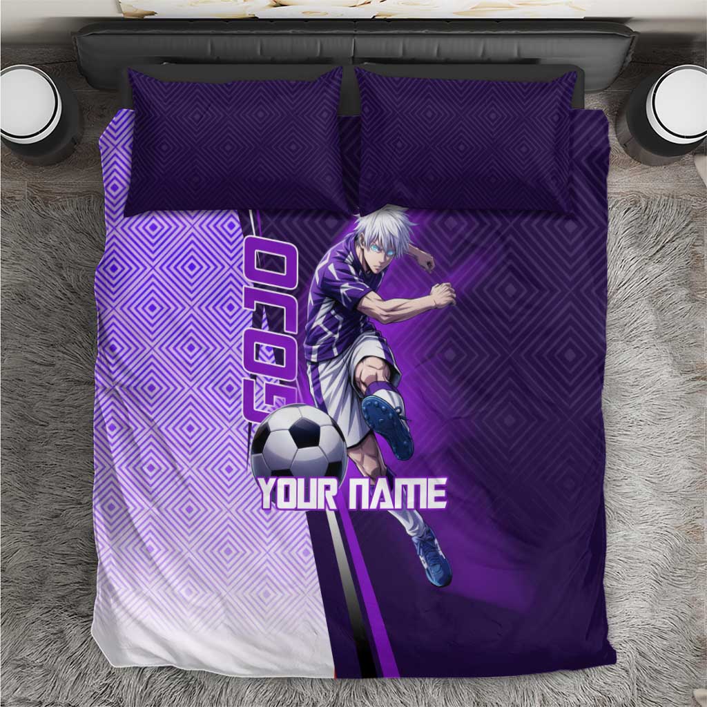 Personalized Gojo Satoru Jujutsu Kaisen Soccer Theme Bedding Set with Kicking Pose and Purple Gradient Geometric Graphic Design - The Mazicc