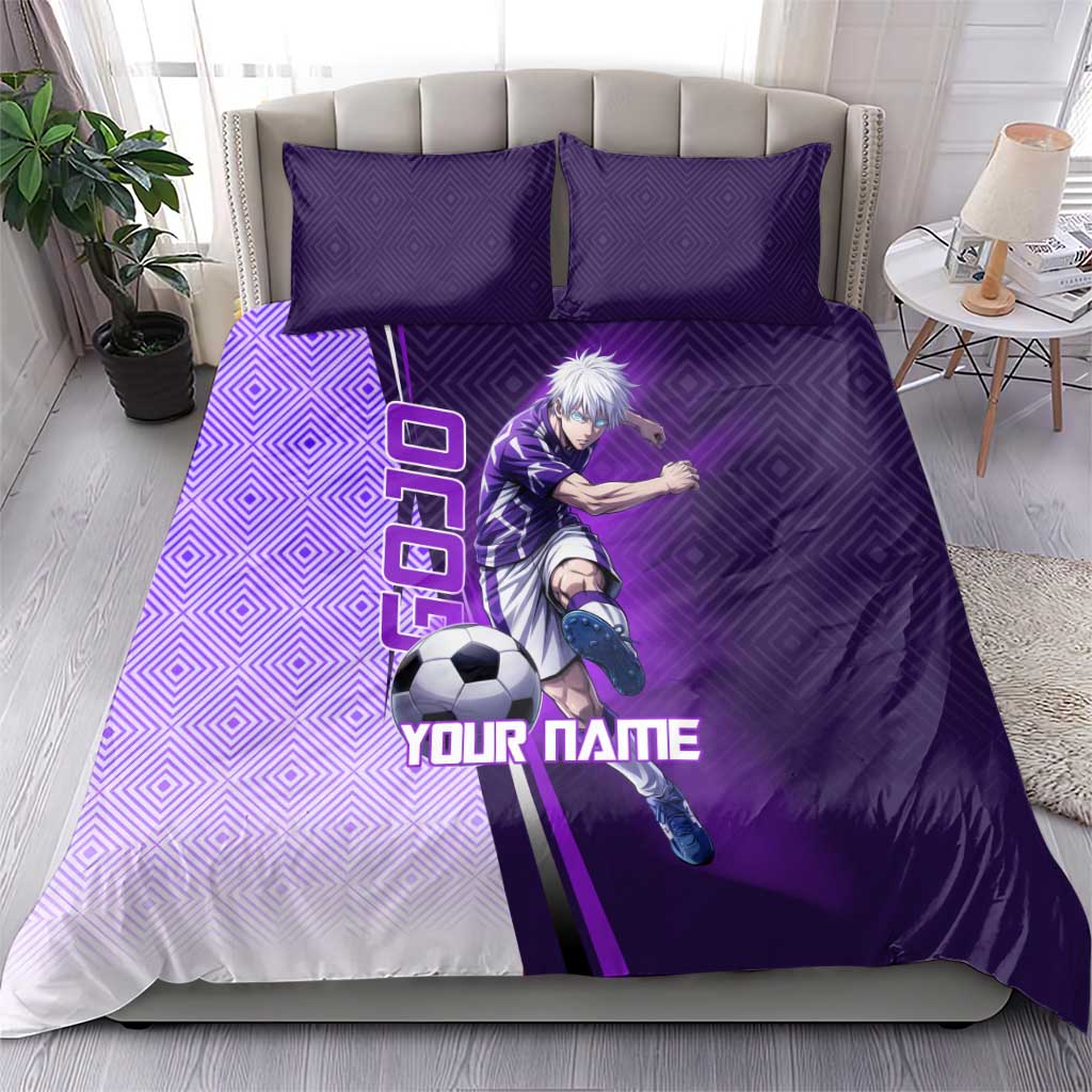 Personalized Gojo Satoru Jujutsu Kaisen Soccer Theme Bedding Set with Kicking Pose and Purple Gradient Geometric Graphic Design - The Mazicc