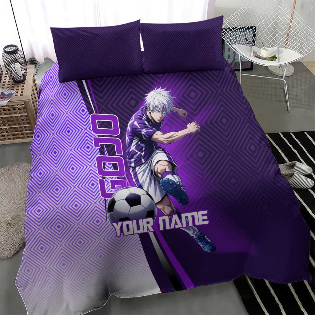 Personalized Gojo Satoru Jujutsu Kaisen Soccer Theme Bedding Set with Kicking Pose and Purple Gradient Geometric Graphic Design - The Mazicc