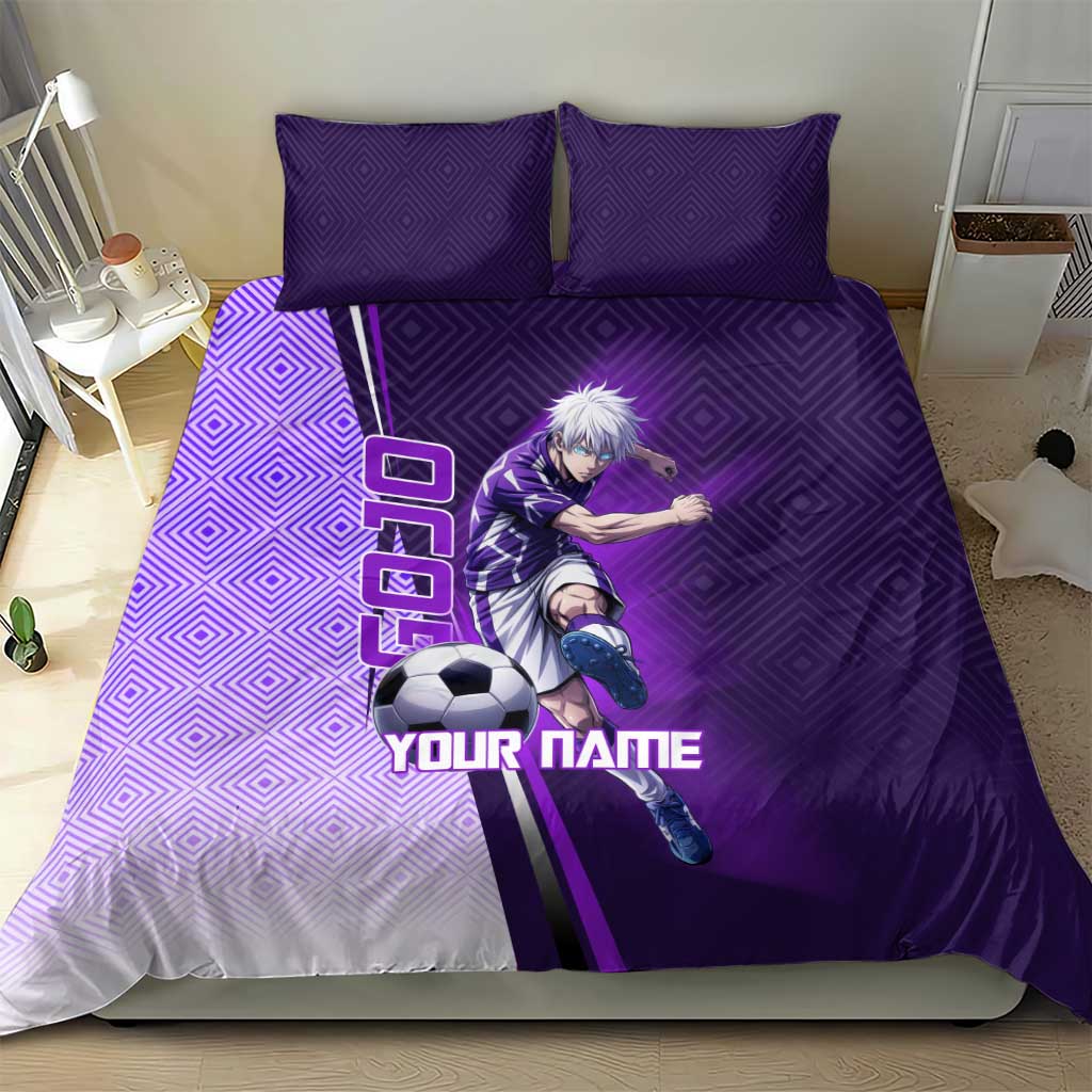 Personalized Gojo Satoru Jujutsu Kaisen Soccer Theme Bedding Set with Kicking Pose and Purple Gradient Geometric Graphic Design - The Mazicc