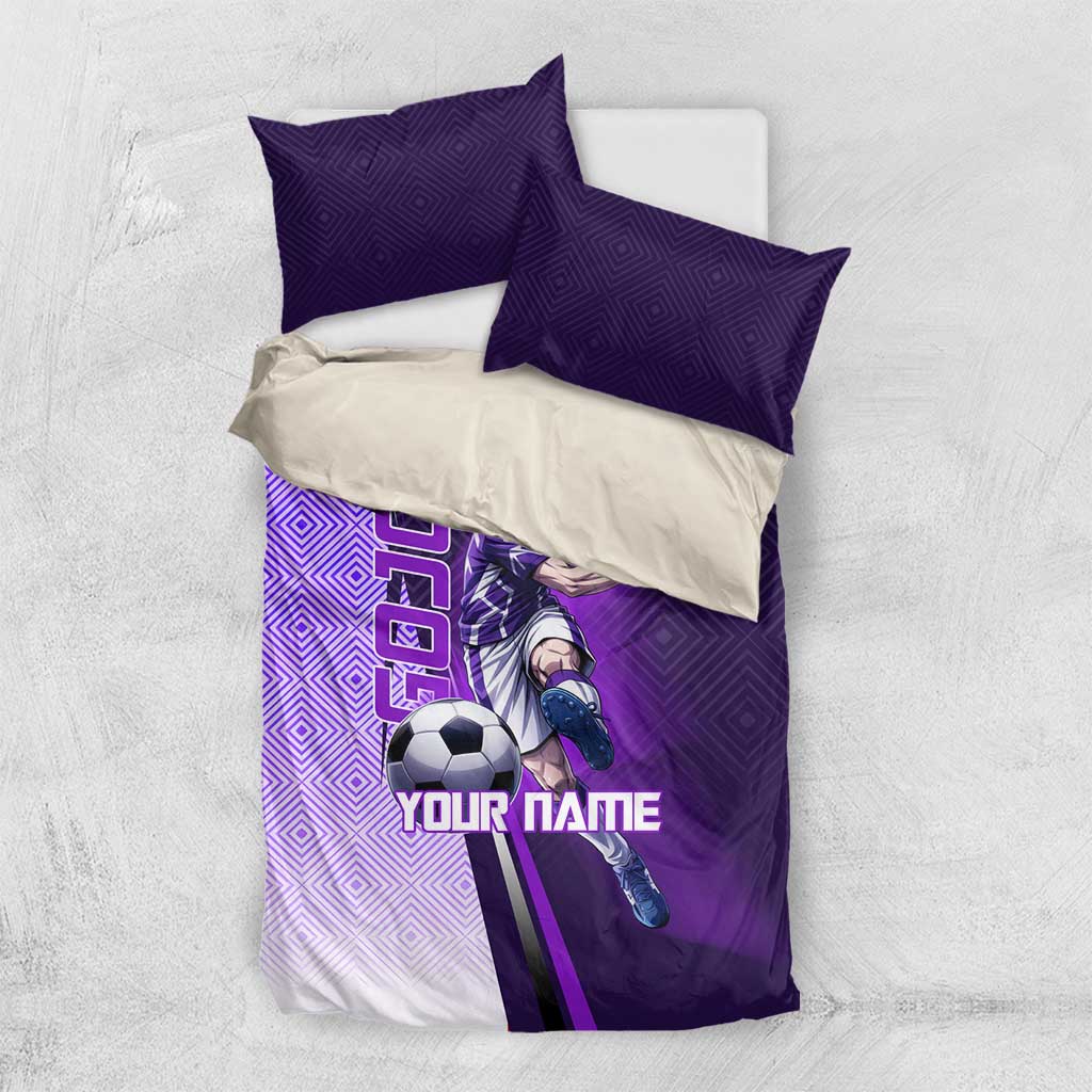 Personalized Gojo Satoru Jujutsu Kaisen Soccer Theme Bedding Set with Kicking Pose and Purple Gradient Geometric Graphic Design - The Mazicc