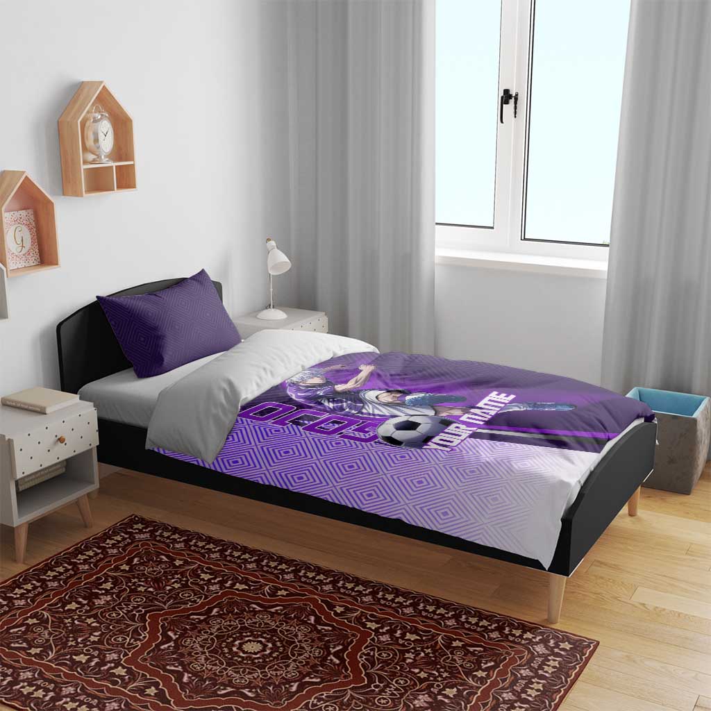 Personalized Gojo Satoru Jujutsu Kaisen Soccer Theme Bedding Set with Kicking Pose and Purple Gradient Geometric Graphic Design - The Mazicc