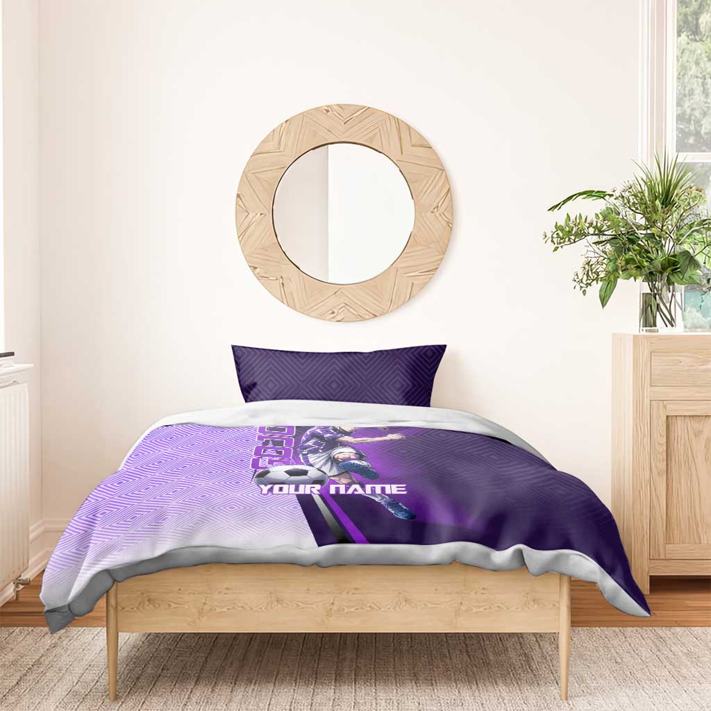 Personalized Gojo Satoru Jujutsu Kaisen Soccer Theme Bedding Set with Kicking Pose and Purple Gradient Geometric Graphic Design - The Mazicc