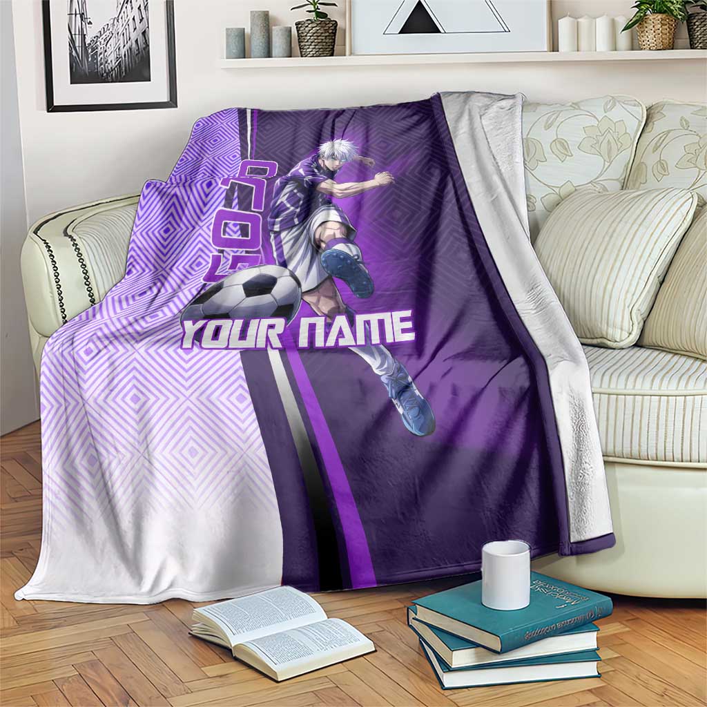 Personalized Gojo Satoru Jujutsu Kaisen Soccer Theme Blanket with Kicking Pose and Purple Gradient Geometric Graphic Design - The Mazicc