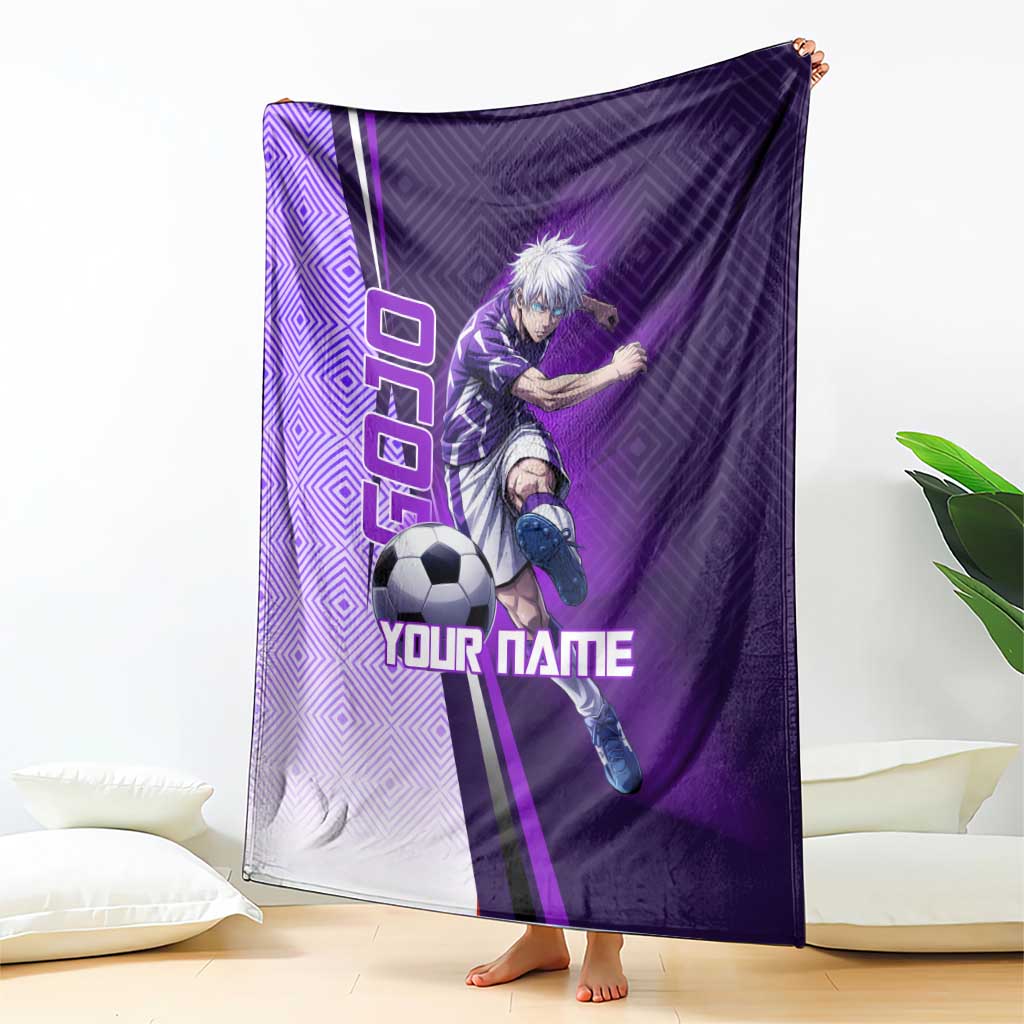 Personalized Gojo Satoru Jujutsu Kaisen Soccer Theme Blanket with Kicking Pose and Purple Gradient Geometric Graphic Design - The Mazicc