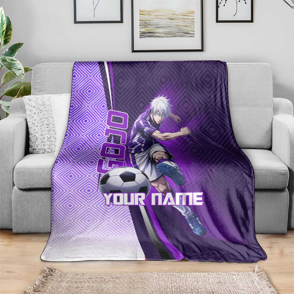 Personalized Gojo Satoru Jujutsu Kaisen Soccer Theme Blanket with Kicking Pose and Purple Gradient Geometric Graphic Design - The Mazicc