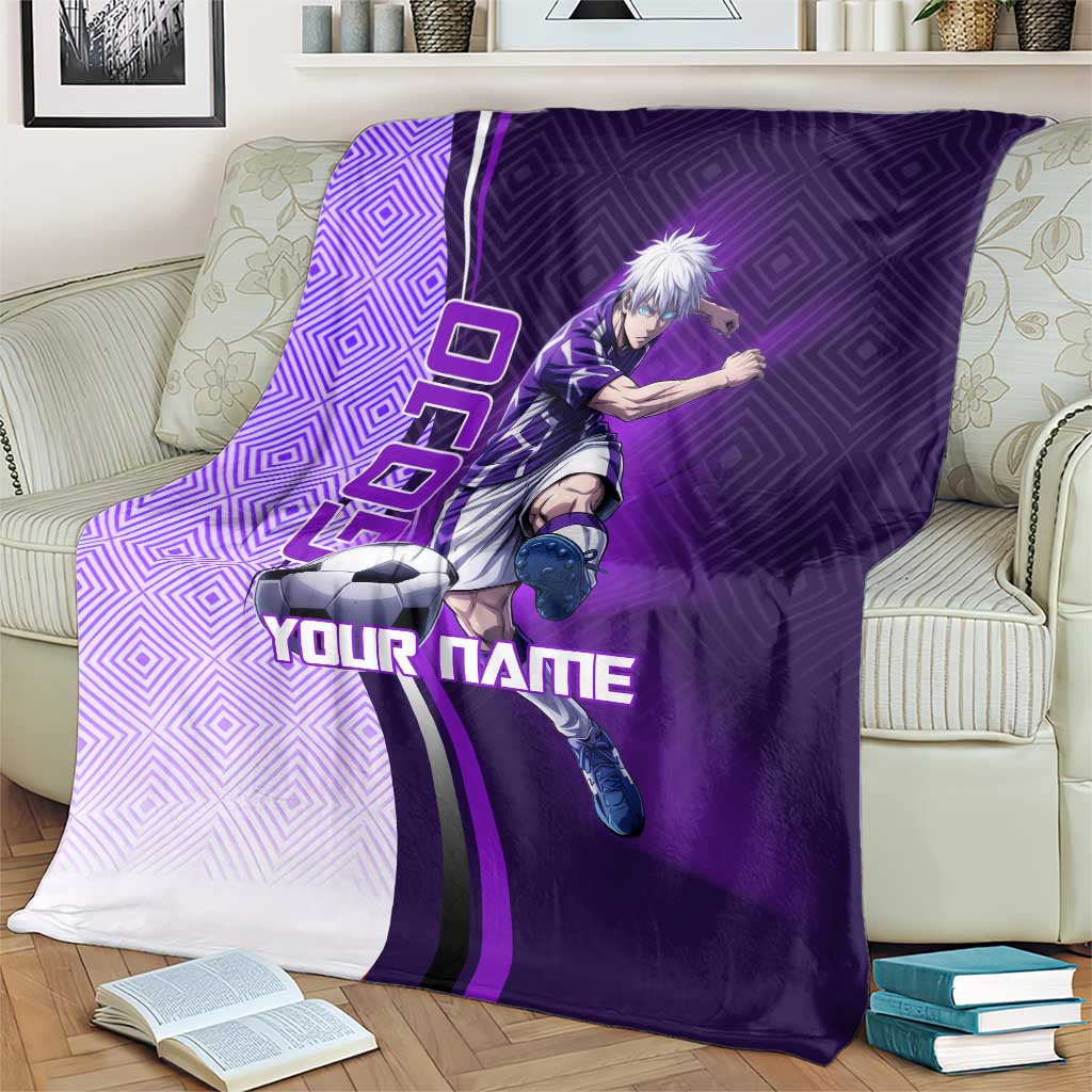 Personalized Gojo Satoru Jujutsu Kaisen Soccer Theme Blanket with Kicking Pose and Purple Gradient Geometric Graphic Design - The Mazicc