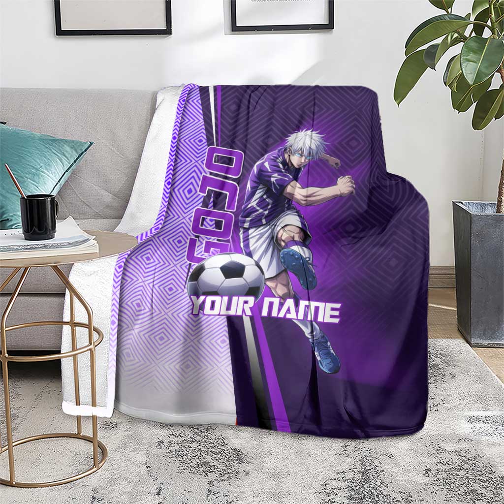 Personalized Gojo Satoru Jujutsu Kaisen Soccer Theme Blanket with Kicking Pose and Purple Gradient Geometric Graphic Design - The Mazicc