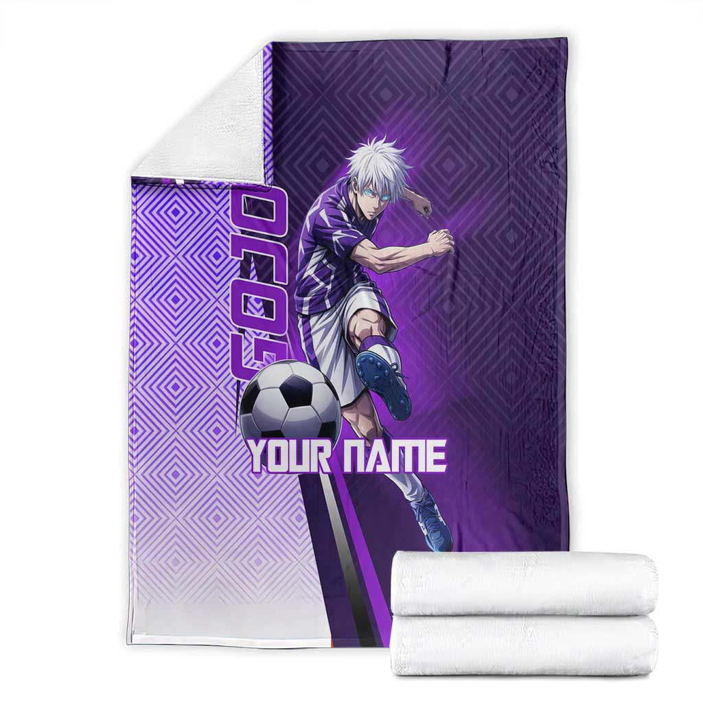 Personalized Gojo Satoru Jujutsu Kaisen Soccer Theme Blanket with Kicking Pose and Purple Gradient Geometric Graphic Design - The Mazicc