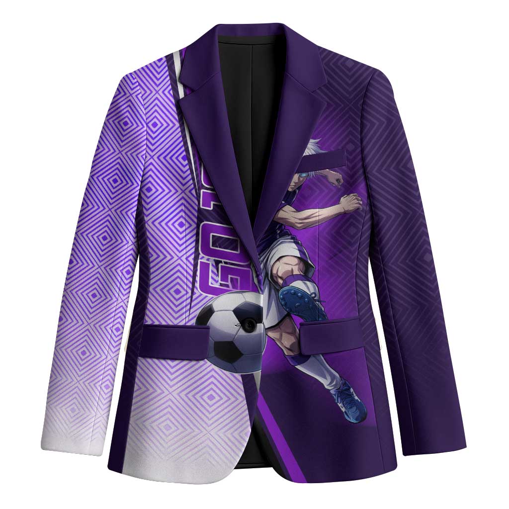Personalized Gojo Satoru Jujutsu Kaisen Soccer Theme Blazer with Kicking Pose and Purple Gradient Geometric Graphic Design - The Mazicc