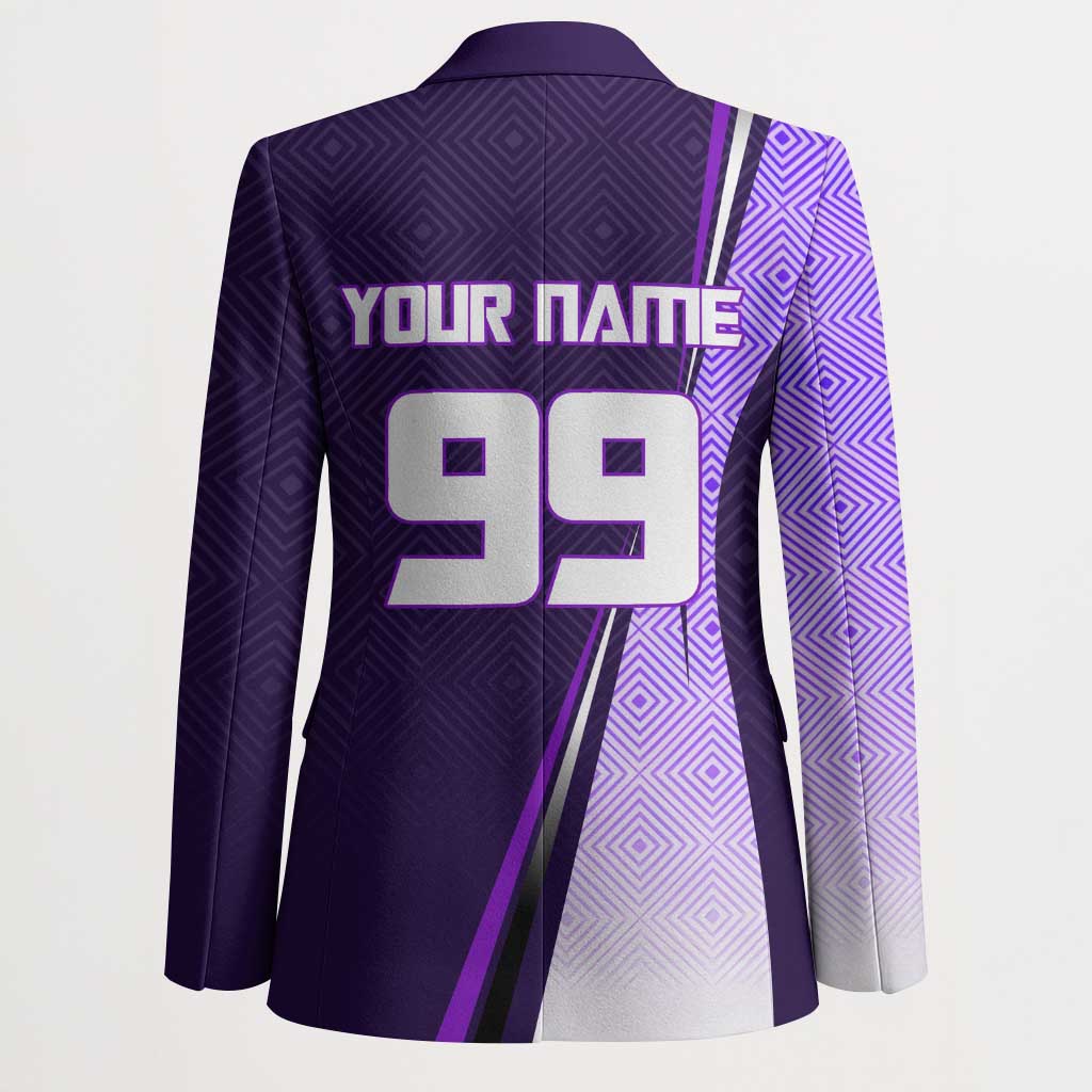 Personalized Gojo Satoru Jujutsu Kaisen Soccer Theme Blazer with Kicking Pose and Purple Gradient Geometric Graphic Design - The Mazicc