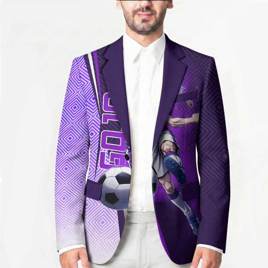 Personalized Gojo Satoru Jujutsu Kaisen Soccer Theme Blazer with Kicking Pose and Purple Gradient Geometric Graphic Design - The Mazicc