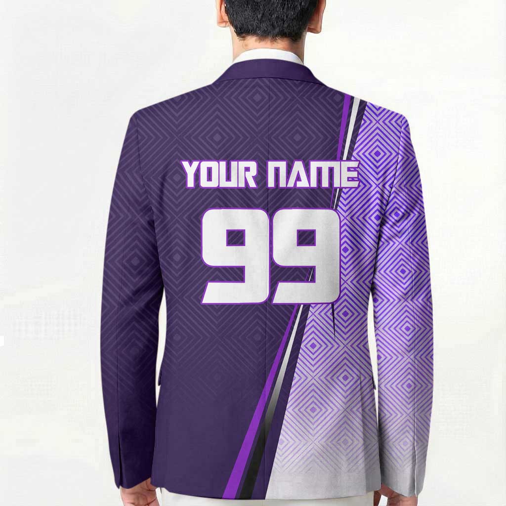 Personalized Gojo Satoru Jujutsu Kaisen Soccer Theme Blazer with Kicking Pose and Purple Gradient Geometric Graphic Design - The Mazicc