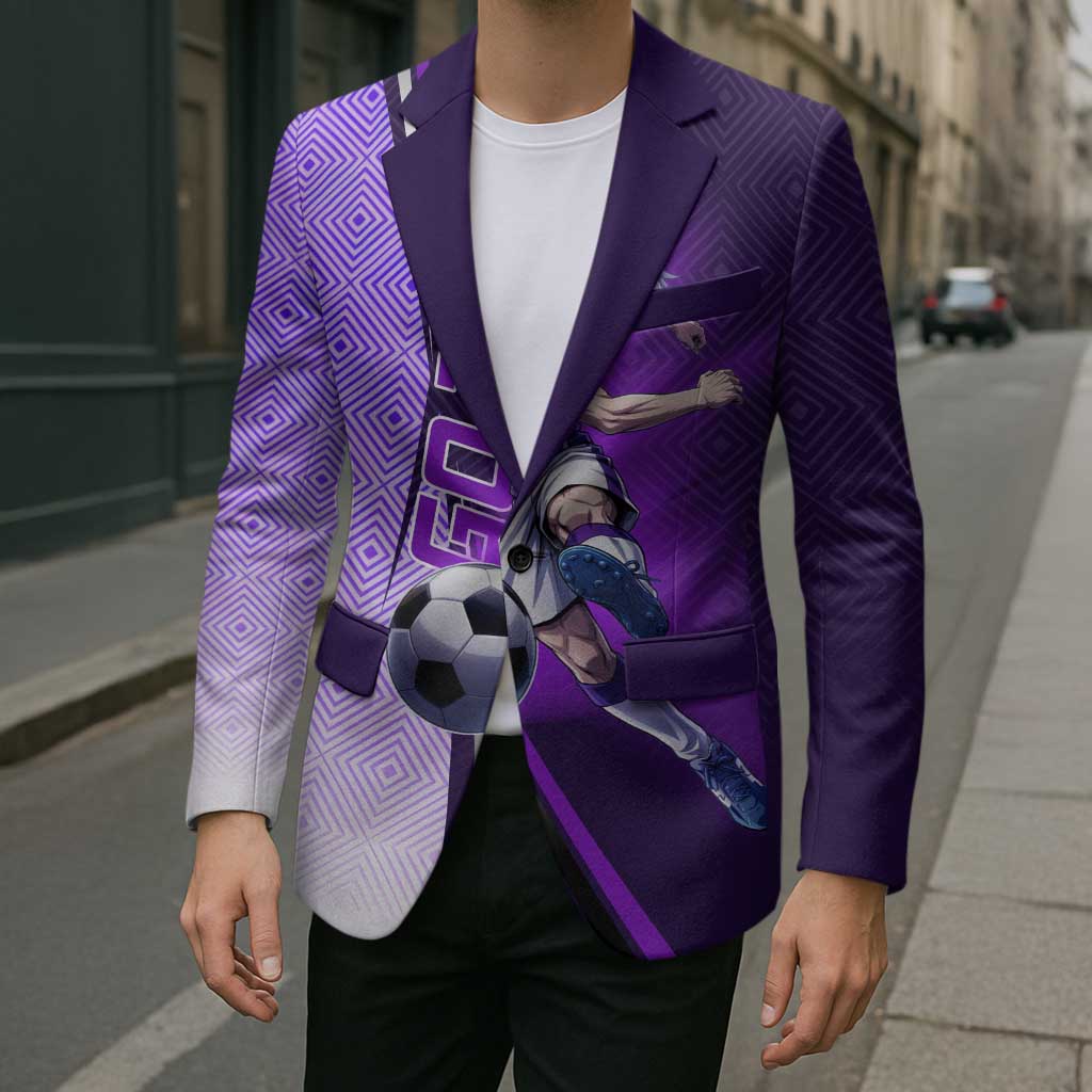 Personalized Gojo Satoru Jujutsu Kaisen Soccer Theme Blazer with Kicking Pose and Purple Gradient Geometric Graphic Design - The Mazicc
