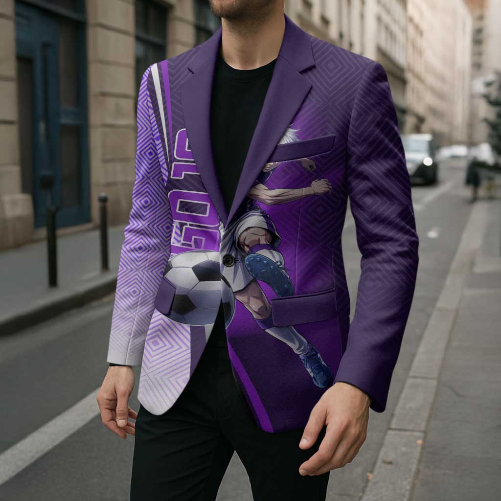 Personalized Gojo Satoru Jujutsu Kaisen Soccer Theme Blazer with Kicking Pose and Purple Gradient Geometric Graphic Design - The Mazicc