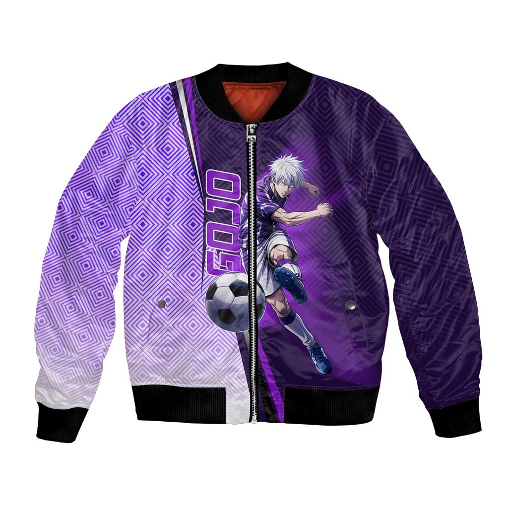 Personalized Gojo Satoru Jujutsu Kaisen Soccer Theme Bomber Jacket with Kicking Pose and Purple Gradient Geometric Graphic Design - The Mazicc