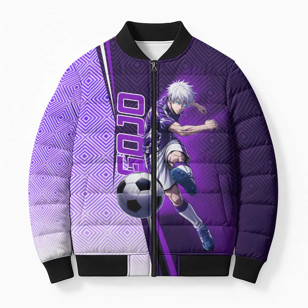 Personalized Gojo Satoru Jujutsu Kaisen Soccer Theme Bomber Puffer Jacket with Kicking Pose and Purple Gradient Geometric Graphic Design - The Mazicc