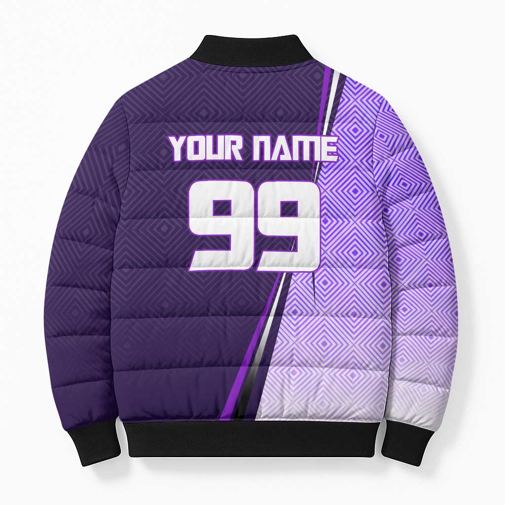 Personalized Gojo Satoru Jujutsu Kaisen Soccer Theme Bomber Puffer Jacket with Kicking Pose and Purple Gradient Geometric Graphic Design - The Mazicc