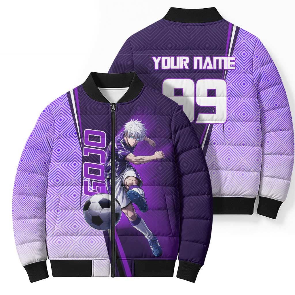 Personalized Gojo Satoru Jujutsu Kaisen Soccer Theme Bomber Puffer Jacket with Kicking Pose and Purple Gradient Geometric Graphic Design - The Mazicc