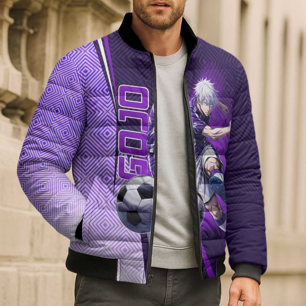 Personalized Gojo Satoru Jujutsu Kaisen Soccer Theme Bomber Puffer Jacket with Kicking Pose and Purple Gradient Geometric Graphic Design - The Mazicc