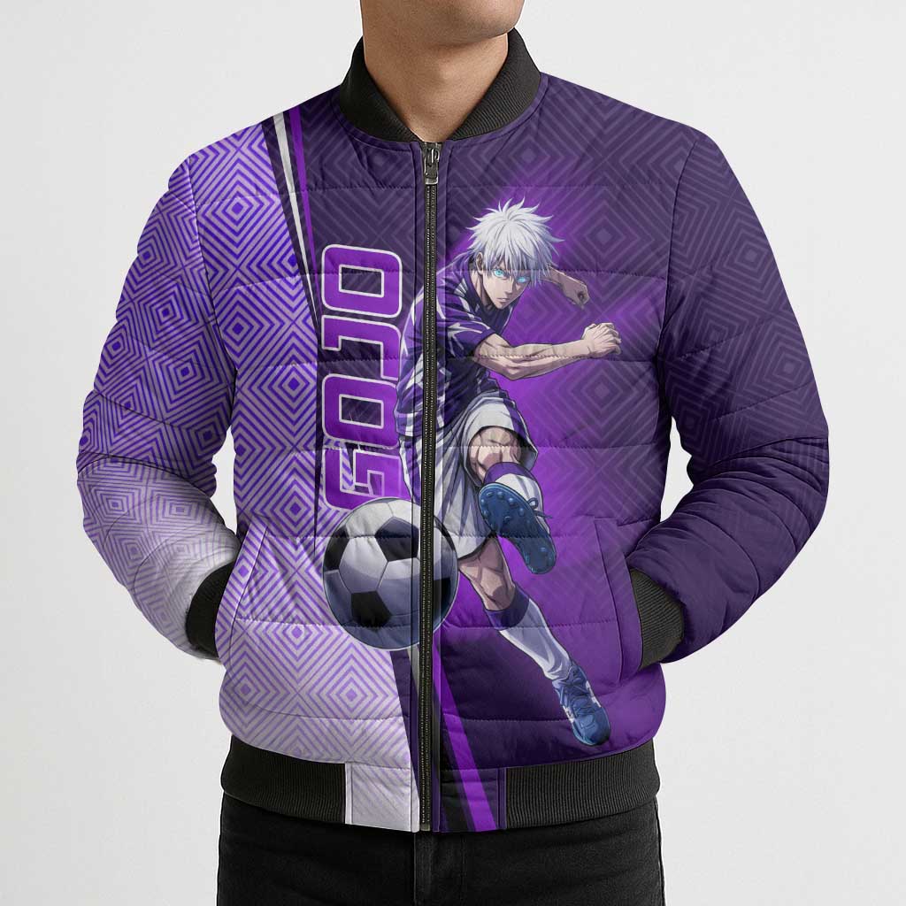 Personalized Gojo Satoru Jujutsu Kaisen Soccer Theme Bomber Puffer Jacket with Kicking Pose and Purple Gradient Geometric Graphic Design - The Mazicc