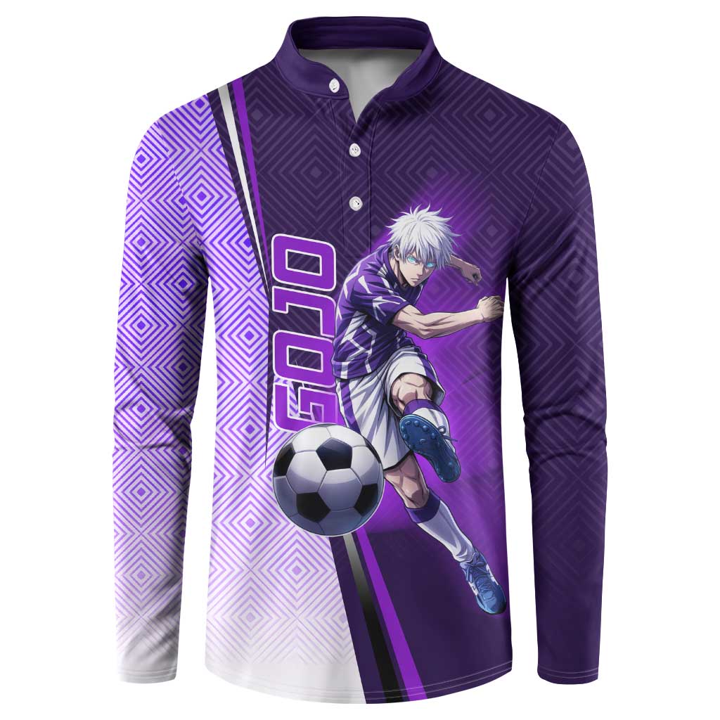 Personalized Gojo Satoru Jujutsu Kaisen Soccer Theme Button Sweatshirt with Kicking Pose and Purple Gradient Geometric Graphic Design - The Mazicc