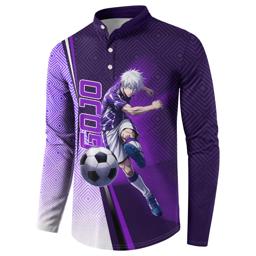 Personalized Gojo Satoru Jujutsu Kaisen Soccer Theme Button Sweatshirt with Kicking Pose and Purple Gradient Geometric Graphic Design - The Mazicc