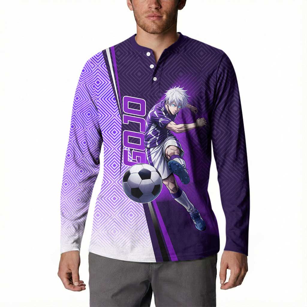 Personalized Gojo Satoru Jujutsu Kaisen Soccer Theme Button Sweatshirt with Kicking Pose and Purple Gradient Geometric Graphic Design - The Mazicc