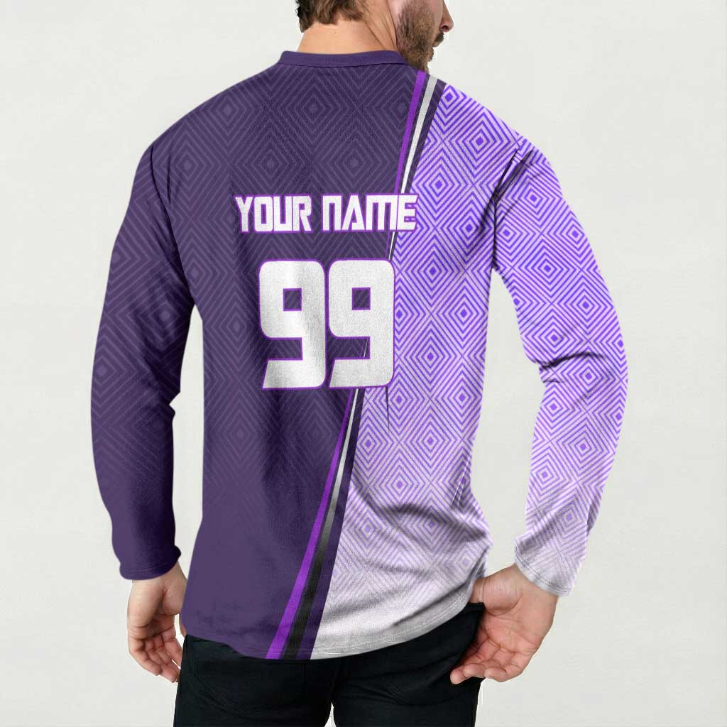 Personalized Gojo Satoru Jujutsu Kaisen Soccer Theme Button Sweatshirt with Kicking Pose and Purple Gradient Geometric Graphic Design - The Mazicc