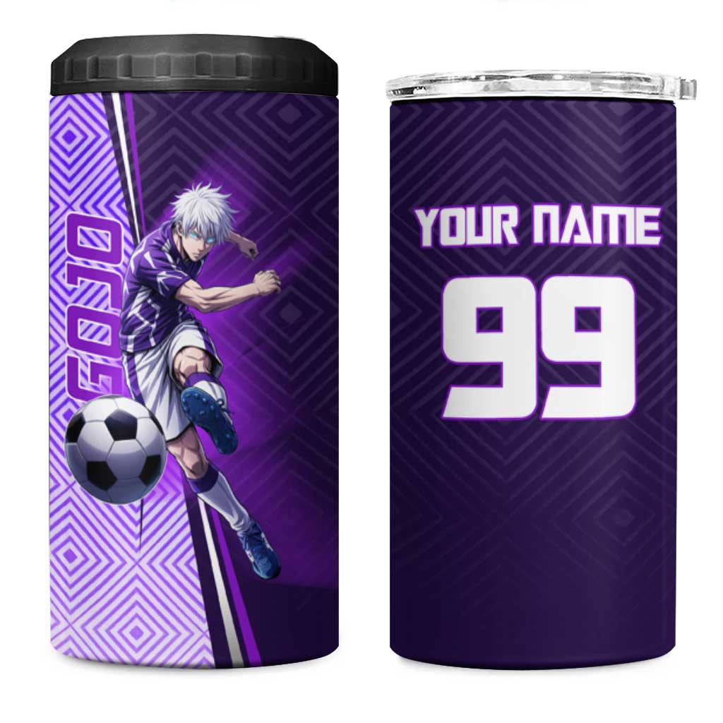 Personalized Gojo Satoru Jujutsu Kaisen Soccer Theme 4 in 1 Can Cooler Tumbler with Kicking Pose and Purple Gradient Geometric Graphic Design - The Mazicc