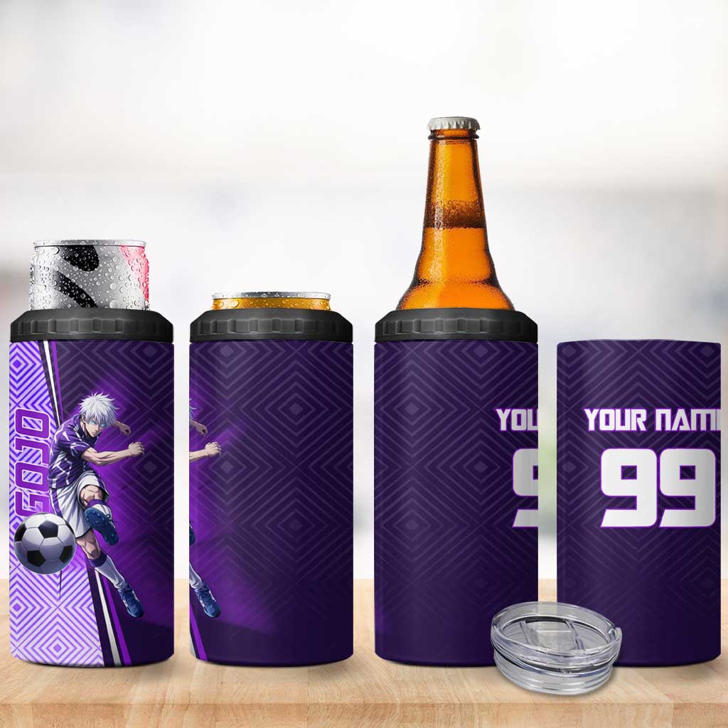 Personalized Gojo Satoru Jujutsu Kaisen Soccer Theme 4 in 1 Can Cooler Tumbler with Kicking Pose and Purple Gradient Geometric Graphic Design - The Mazicc