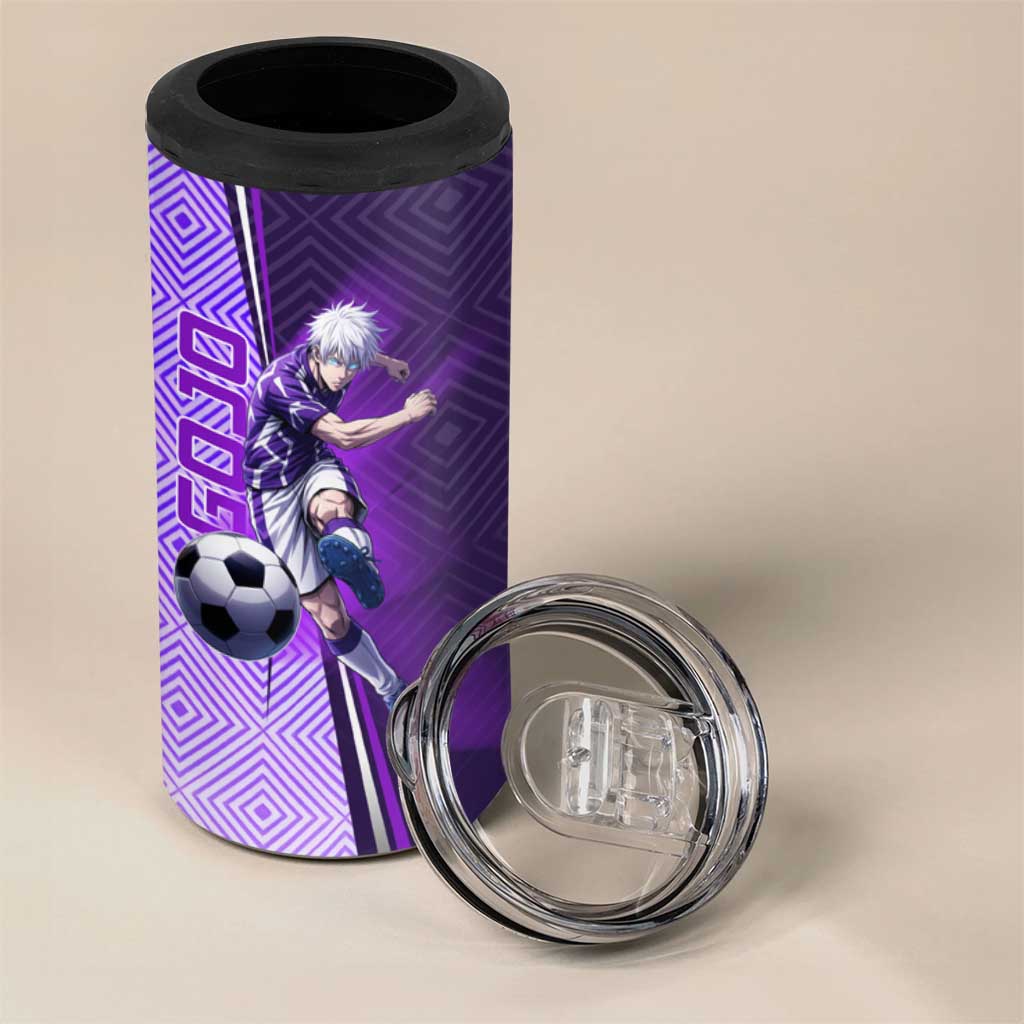 Personalized Gojo Satoru Jujutsu Kaisen Soccer Theme 4 in 1 Can Cooler Tumbler with Kicking Pose and Purple Gradient Geometric Graphic Design - The Mazicc