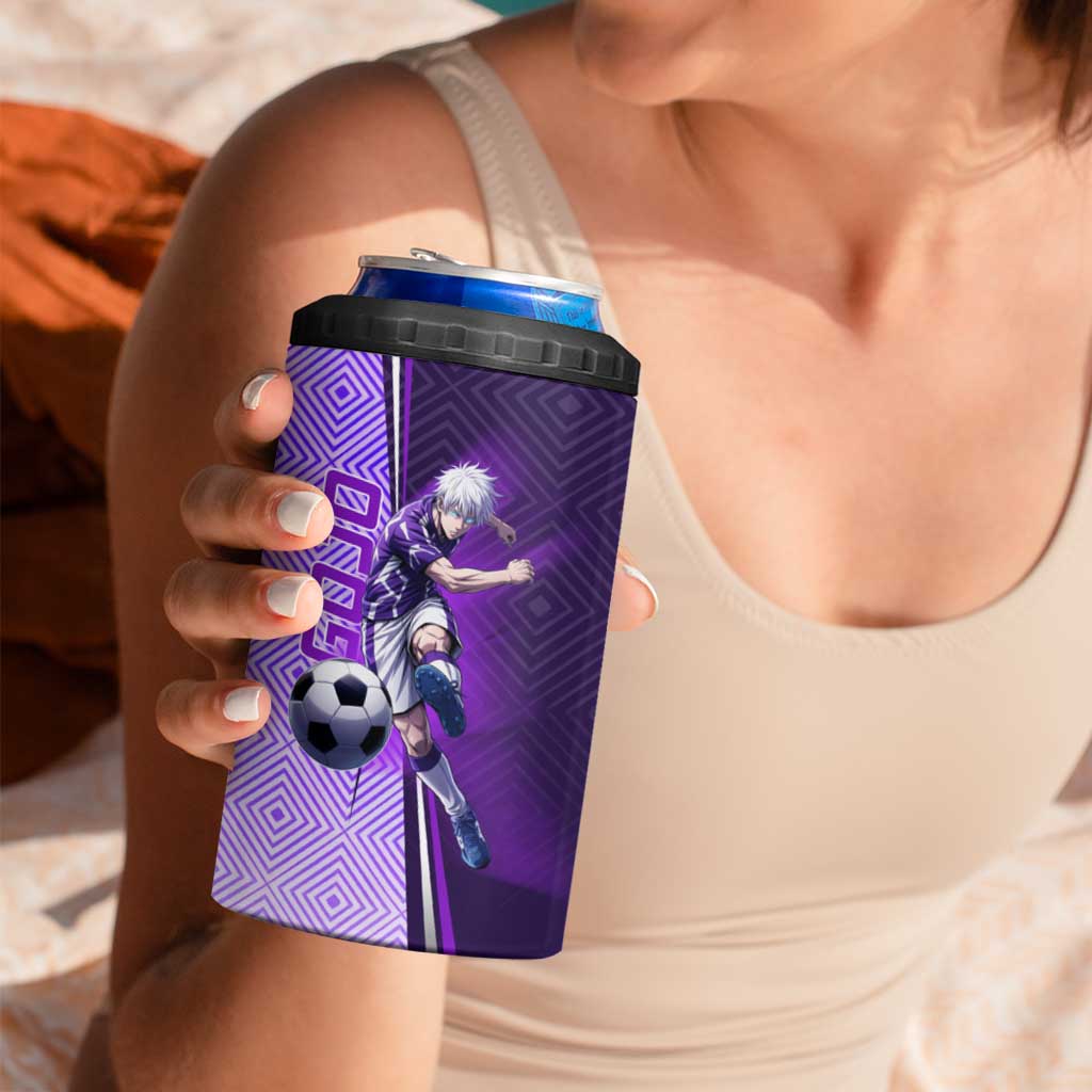 Personalized Gojo Satoru Jujutsu Kaisen Soccer Theme 4 in 1 Can Cooler Tumbler with Kicking Pose and Purple Gradient Geometric Graphic Design - The Mazicc