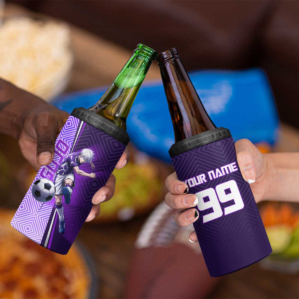 Personalized Gojo Satoru Jujutsu Kaisen Soccer Theme 4 in 1 Can Cooler Tumbler with Kicking Pose and Purple Gradient Geometric Graphic Design - The Mazicc