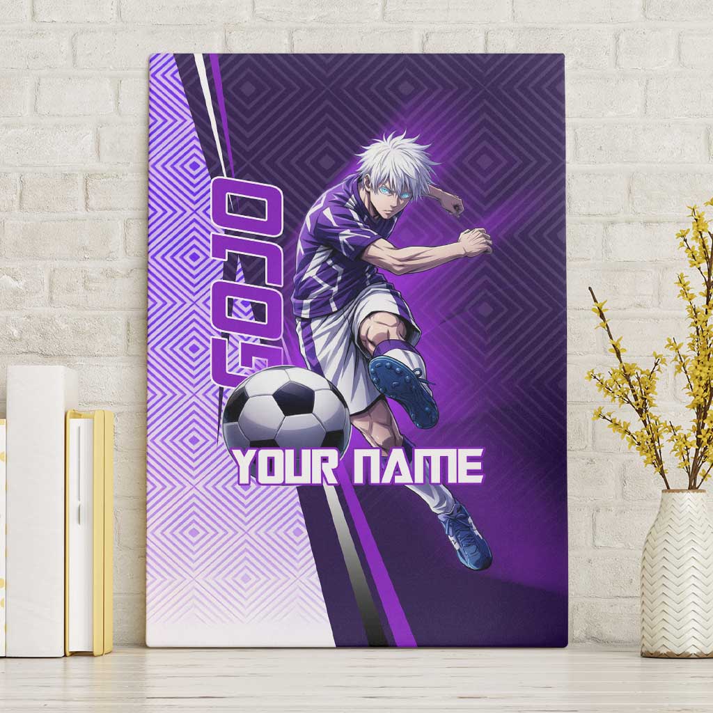 Personalized Gojo Satoru Jujutsu Kaisen Soccer Theme Canvas Wall Art with Kicking Pose and Purple Gradient Geometric Graphic Design - The Mazicc