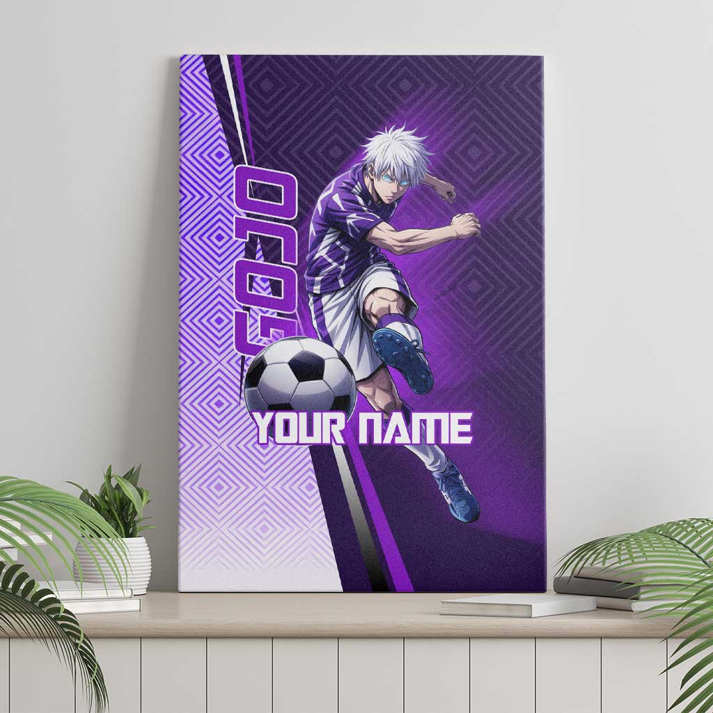 Personalized Gojo Satoru Jujutsu Kaisen Soccer Theme Canvas Wall Art with Kicking Pose and Purple Gradient Geometric Graphic Design - The Mazicc